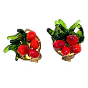 Vintage Italy Glass Fruit Salad Clip On Earrings Venetian Murano Style - Red